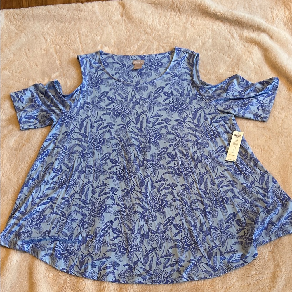 Chico's Blue Floral Cold Shoulder Blouse